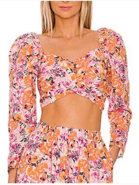 NWT Something Navy Floral Puff Shoulder Crop Top Sz S